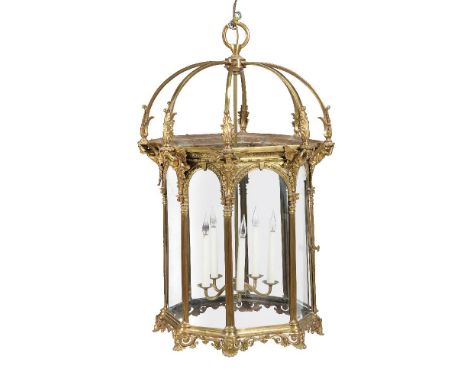 A substantial gilt metal and glazed five light octagonal hall lantern in Renaissance Revival taste, late 19th or early 20th c