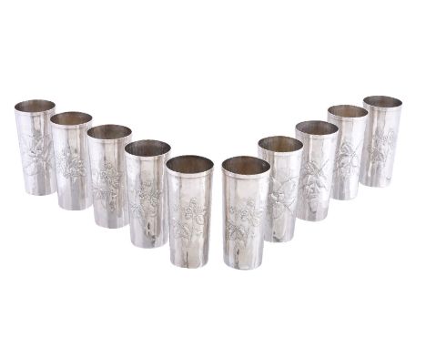 A set of ten Italian silver coloured  beakers by Brandimarte, Florence post 1968 .925 standard, slightly tapered cylindrical 