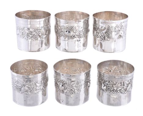 A set of six Italian silver coloured  bottle holders by Brandimarte, Florence post 1968 .925 standard, cylindrical and emboss