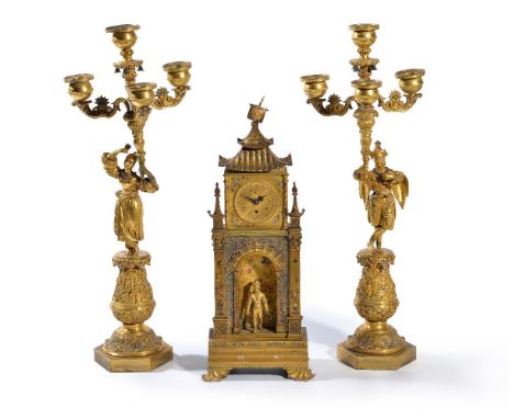 ‡A French cold painted ormolu mantel timepiece, first quarter 19th century, now with later spring movement, Roman numeral dia