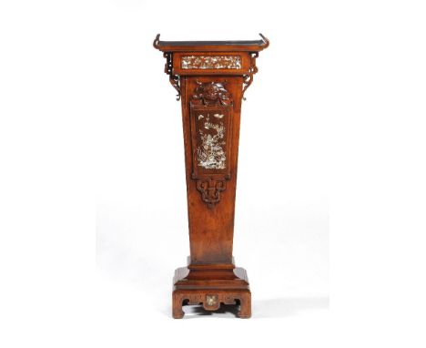 ‡  ϒA French ‘Japonisme’ walnut, beechwood, padouk and mother of pearl inlaid pedestal in the manner of Gabriel Viardot, late