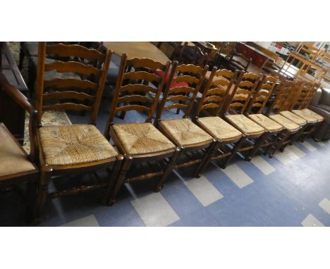 A Set of Ten Rush Seated Ladder Back Dining Chairs 
