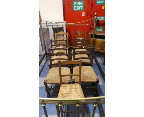 A Harlequin Set of Six Rush Seated Ladder Back Chairs and a Cane Seated Bedroom Chair 