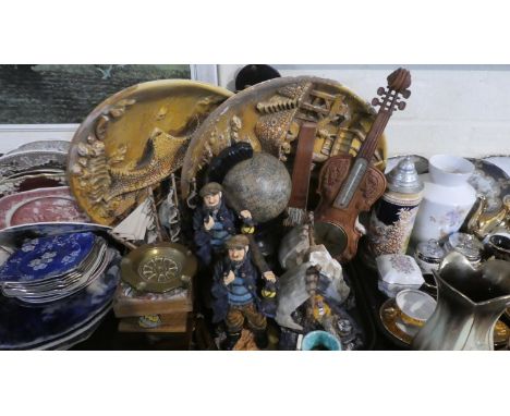 A Tray Containing Various Ornaments to Include Fisherman Figures, Tall Ships, Table Globe, Violin Clock Thermometer 