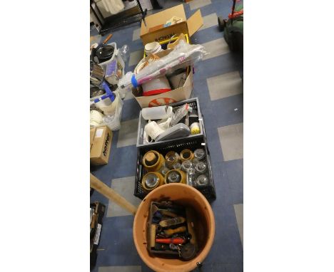 Five Boxes of Various Kitchenwares, Tools, Books etc 
