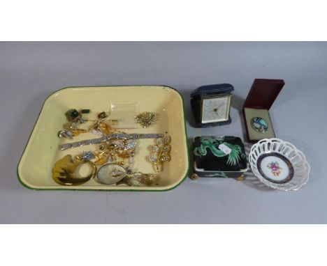 A Collection of Various Costume Jewellery, Estyma Alarm Clock, Ceramic Box Decorated with Dragon etc 