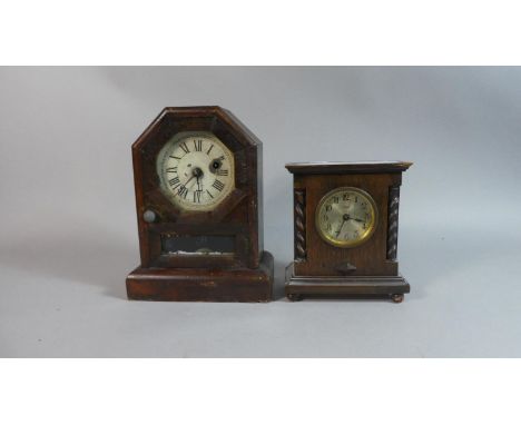 A Small American Mantle Clock and an Oak Cased Example with Barley Twist Pilasters and Eight Day Movement 