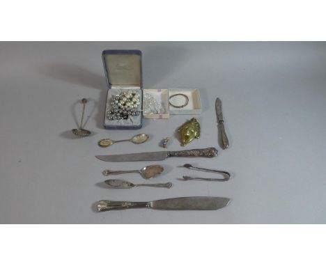 A Collection of Various Silver Handled and Silver Cutlery, Silver Plated Items, Costume Jewellery, Silver Christening Bangle 