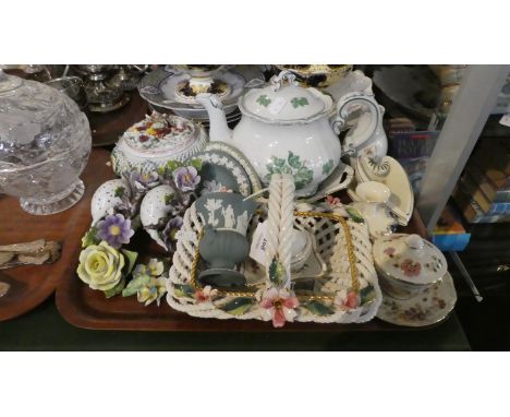 A Tray of Ceramics to Include Wedgwood Jasperware, Zsolnay Cup Saucer and Cover, Zsolnay Vase and Matching Preserve Pot, Pair