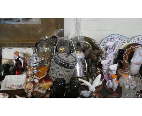 A Tray of Sundries to Include Pillar Clock, Ice Bucket, Metalwares, Oil Lamps, Metal Wares etc 
