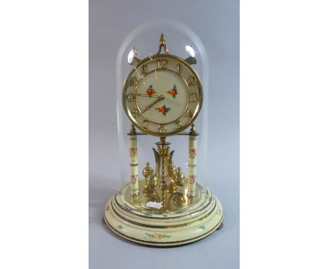 A Mid 20th Century Painted Brass Pillar Clock Under Glass Dome, 30cm High 