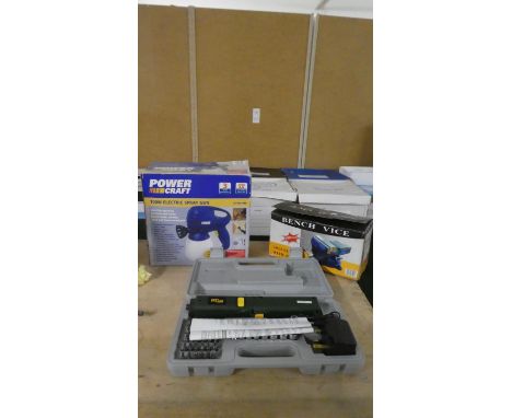A Swivel Bench Vice, Electric Spray Gun and Cordless Screw Driver Set 