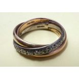 Gold 585 tricolor Ring halb Memoire mit 13 Brillanten, Gewicht ca. 6,8Gr., vintage
