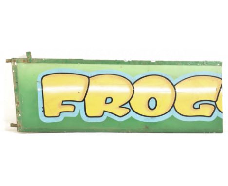 A vintage funfair / amusement park / fairground wooden board sign reading 'FROG'. The sign on green ground with yellow bubble