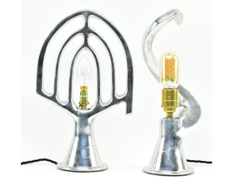 A pair of vintage reclaimed upcycled industrial style chrome desk lamps, formed from oversized bread mixing implements. The l