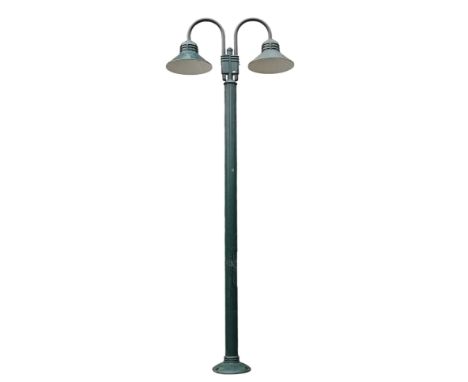 A large vintage painted metal twin arm street lamp post light. The lamp post having twin curved arms atop with circular shade
