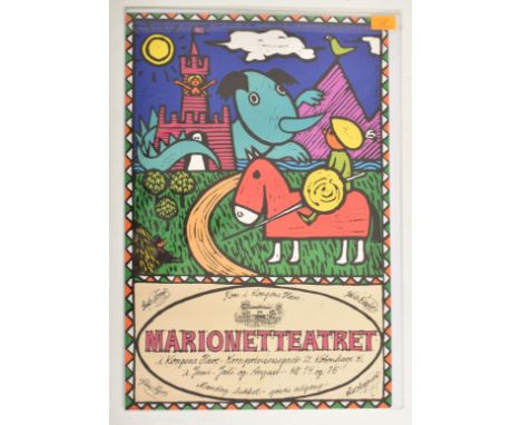 Marionet Teatret - a vintage mid century circa 1960s Danish theatrical poster advertsing a puppet theatre. The poster featuri