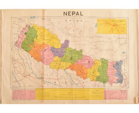 Indian Book Depot - a vintage mid century 1980s paper map of Nepal. The map featuring brightly coloured regions. Published by