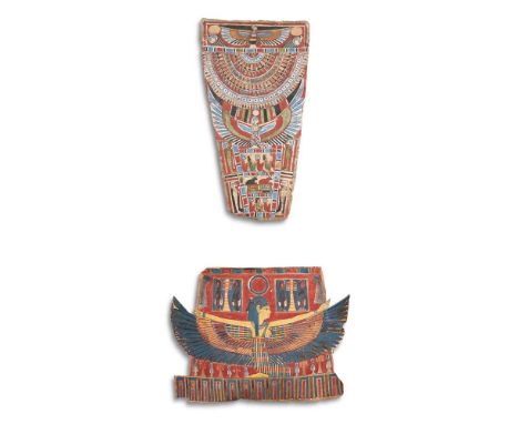 TWO EGYPTIAN POLYCHROME PAINTED CARTONNAGE PANELS PTOLEMAIC PERIOD, CIRCA 300-30 B.C. The trapezoidal section of cartonnage c