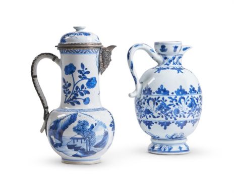 TWO BLUE AND WHITE EWERS CHINESE, KANGXI 21.5cm high and 25cm high     Condition Report:  the mounted coffee or chocolate pot