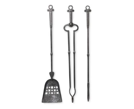 A SET OF THREE COTSWOLD SCHOOL FIREPLACE TOOLS  ERNEST GIMSON FOR BUCKNELL, CIRCA 1900-1910  Each with featherband motif and 