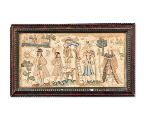 AN UNUSUAL CHARLES II NEEDLEWORK PANEL  CIRCA 1660-1680  With raised work and embroidered silks with mica and seed pearl deta