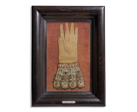 A CHARLES I SILK EMBROIDERED GLOVE EARLY 17TH CENTURY  A gentleman's gauntlet, of doeskin with scalloped cuffs, embroidered i