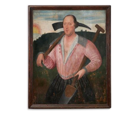 ENGLISH SCHOOL (EARLY 17TH CENTURY) PORTRAIT OF A MAN WITH A PICKAXE AND A SPADE IN A LANDSCAPE Oil on panel Inscribed 'QVIA 