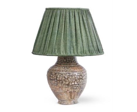 A PERSIAN POLYCHROME SULTANBAD POTTERY VASE  CIRCA 13TH/14TH CENTURY, NOW CONVERTED AS A LAMP With later removable fitment, t