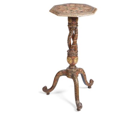 A KASHMIRI POLYCHROME AND PARCEL GILT OCTAGONAL TABLE  POSSIBLY SRINIGAR, LATE 19TH CENTURY  The feet carved as beast heads  