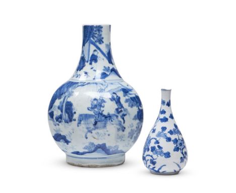 A TRANSITIONAL BLUE AND WHITE VASE CHINESE, CIRCA 1640 Painted with warriors on horseback   28cm high, 19cm wide together wit