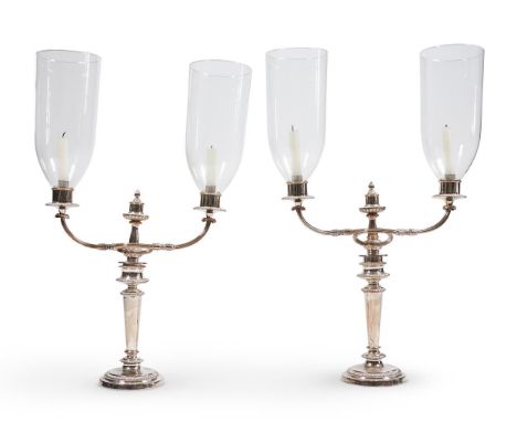 A PAIR OF GEORGE III SILVER PLATED TWO LIGHT CANDELABRA  MATTHEW BOULTON COMPANY, LATE 18TH CENTURY  Stamped Boulton double s