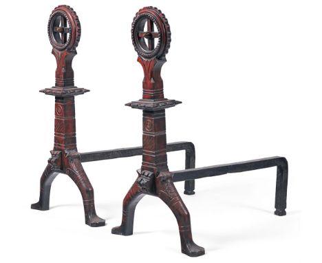 A PAIR OF GOTHIC CAST IRON ANDIRONS  ATTRIBUTED TO WILLIAM BURGES FOR HART, SON, PEARD & CO., CIRCA 1875  Traces of red surfa