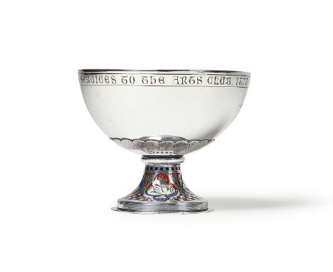 WILLIAM BURGES (1827-1881), A RARE SILVER AND ENAMELLED PEDESTAL CUP  FOR BARKENTIN, LONDON 1877  The rim engraved 'To H Curz