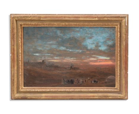 ALBERT GOODWIN (ENGLISH 1845-1932)  A VIEW OF CAIRO AT SUNSET Oil on paper with pen and black ink, laid down on panel Signed 