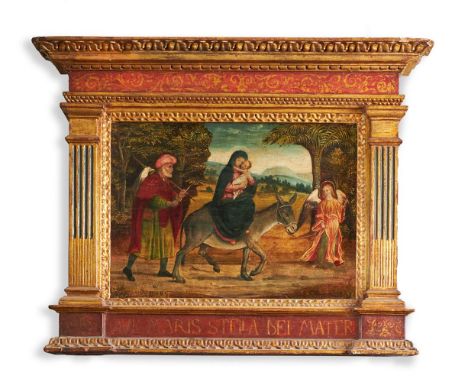 VENETIAN SCHOOL (16TH CENTURY) THE FLIGHT INTO EGYPT Oil on cassone panel in a tabernacle frame, inscribed 'Ave. Maris. Stell