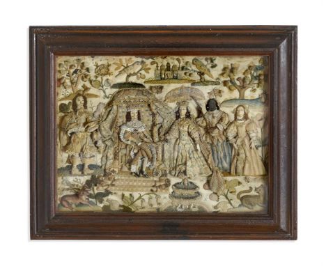 A RARE CHARLES II STUMPWORK PANEL  DATED 1669  Worked in raised work and needlework with seed pear detailing, possibly depict