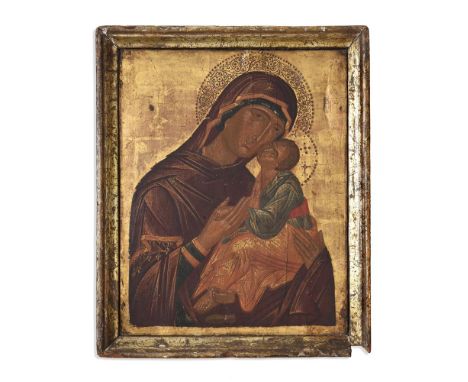 CRETAN SCHOOL (SECOND HALF OF THE 16TH CENTURY)  THE ELEOUSA MOTHER OF GOD  Painted on a gold ground, the halo with punched d