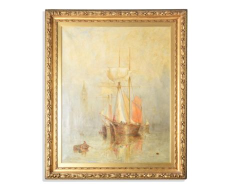 WILLIAM JOSEPH JULIUS CAESAR BOND (ENGLISH 1833-1926) SHIPPING ON THE MERSEY, WITH ST. MARGARET'S CHURCH TOWER BEHIND  Oil on