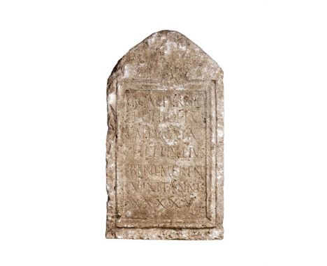 A ROMAN STONE DEDICATORY STELE  CIRCA 2ND CENTURY A.D.   With inscribed rectangular panel within a moulded border: "To Calpur