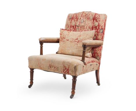 A VICTORIAN MAHOGANY OPEN ARMCHAIR  LATE 19TH CENTURY  Upholstered in 19th century machine loomed carpet  95cm high, 67cm wid