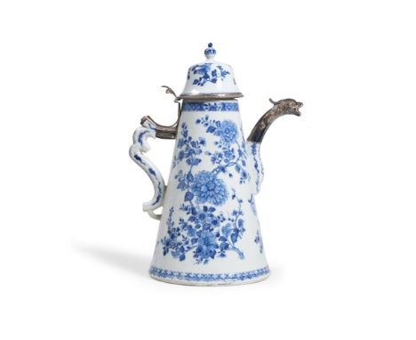A SILVER-MOUNTED BLUE AND WHITE COFFEE OR CHOCOLATE POT CHINESE, KANGXI (1662-1722)  Decorated with flowers 36cm high, Proven