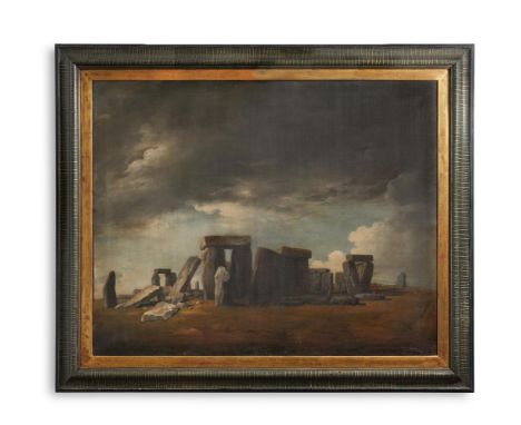 SAMUEL WOODFORDE (ENGLISH 1763-1817) STONEHENGE WITH A SHEPHERD AND FLOCK OF SHEEP IN THE DISTANCE Oil on canvas 100.5 x 126c