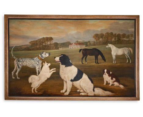 WILLIAM NEDHAM (ENGLISH, ACTIVE 1815-1849) A MASTIFF, A POMERANIAN, A NEWFOUNDLAND AND A SPANIEL BY A DARK BROWN AND A GREY H