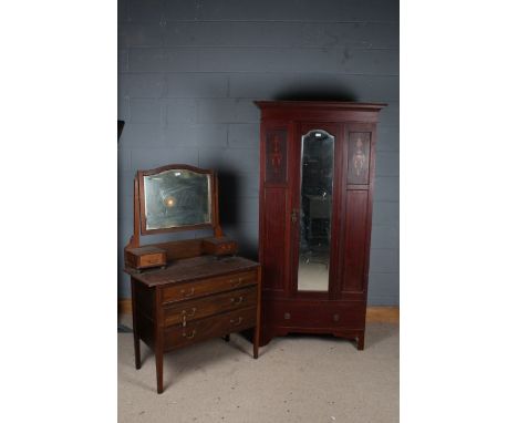 Edwardian mahogany inlaid single door wardrobe, and three drawer dressing chest (2)