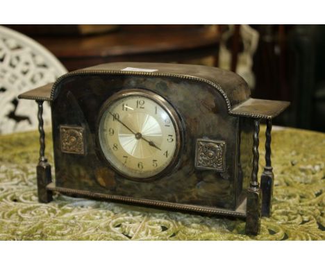 Early to mid 20th century silver plated mantle clock the white dial with Arabic numerals, 30cm wide 16cm high&nbsp;