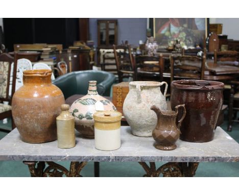 Collection of pottery to include a glazed terracotta vessel with foliate leaf decoration, burgundy glazed terracotta pot, a l