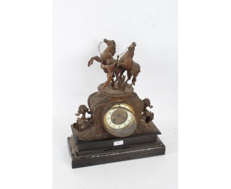Victorian mantle clock the white dial with Arabic numerals, decorated with a scene of Marley horses to the top in spelter on 