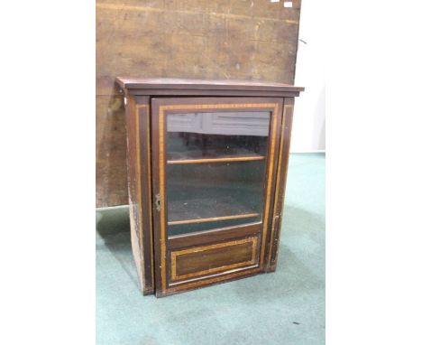 Edwardian mahogany and inlaid side cabinet, the singe glazed door enclosing two shelves (reduced), 56cm wide, 70cm high, 36cm