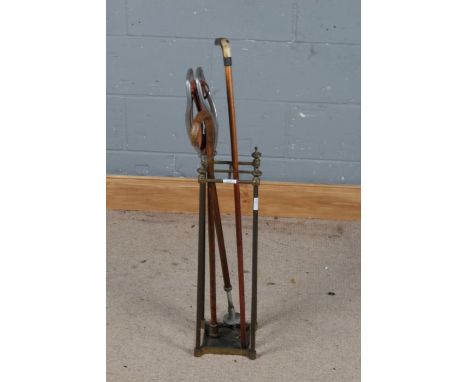 20th century brass stick stand together with two walking sticks and a shooting stick (4)